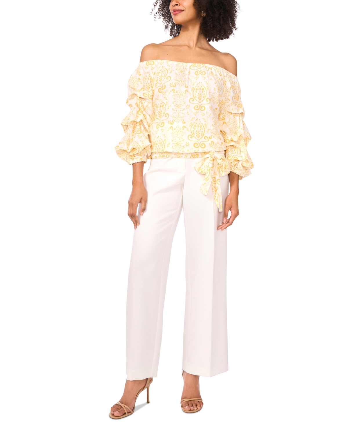 VINCE CAMUTO WOMEN'S PRINTED LINEN-BLEND OFF-THE-SHOULDER BUBBLE 3/4-SLEEVE TIE-FRONT BLOUSE 