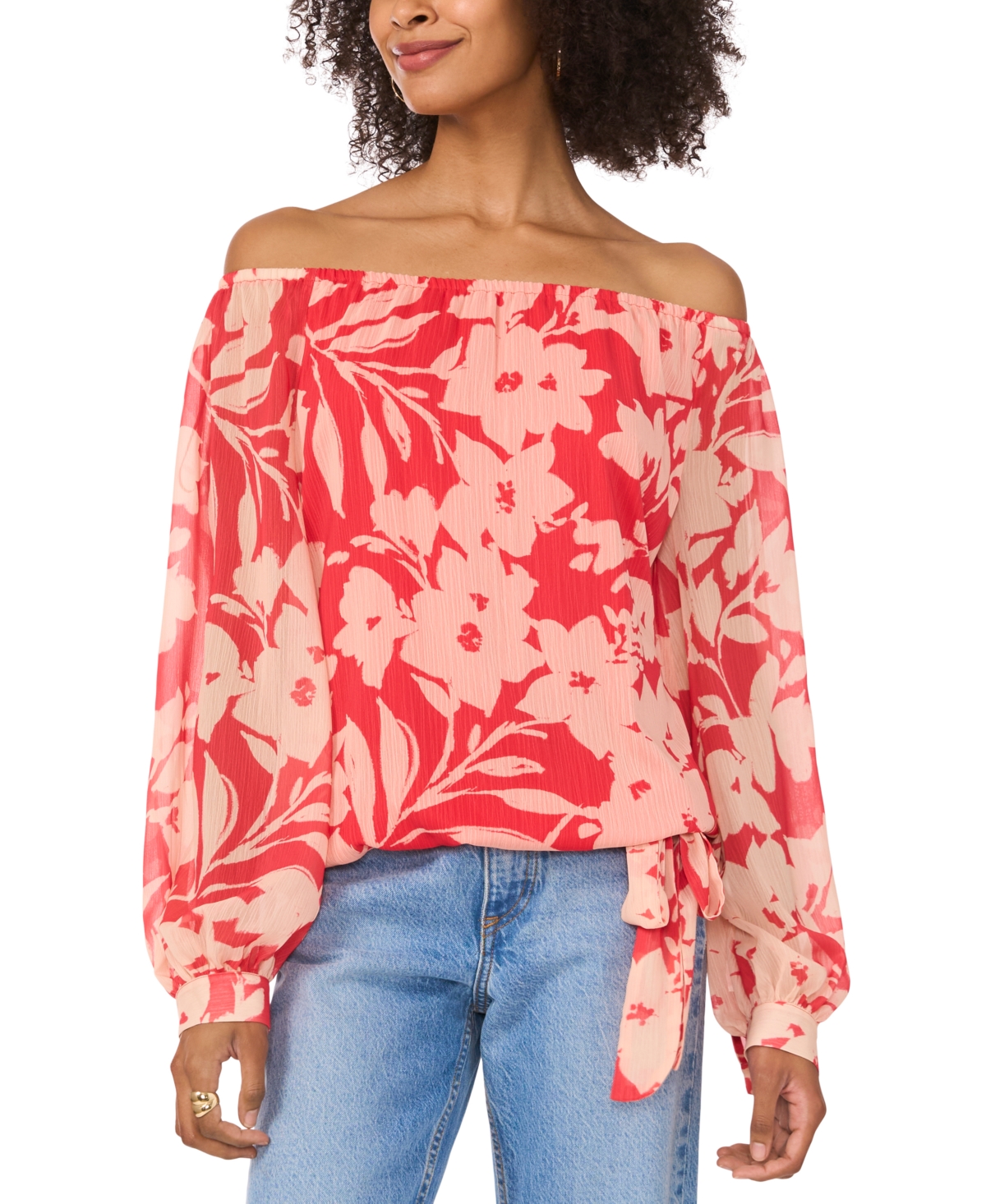 Vince Camuto Floral Off The Shoulder Tie Hem Top In Cayenne