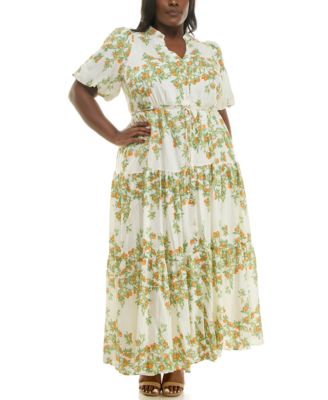 Plus Size Floral Split-Neck Puff-Sleeve Maxi Dress