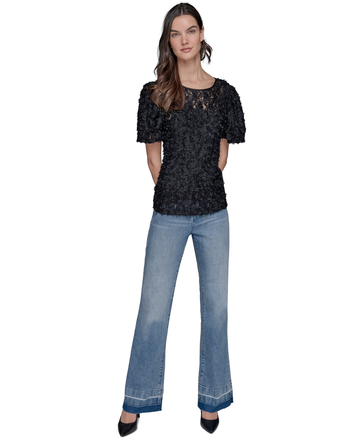 Karl Lagerfeld Women's Ruffled-sleeve Lace Top In Black