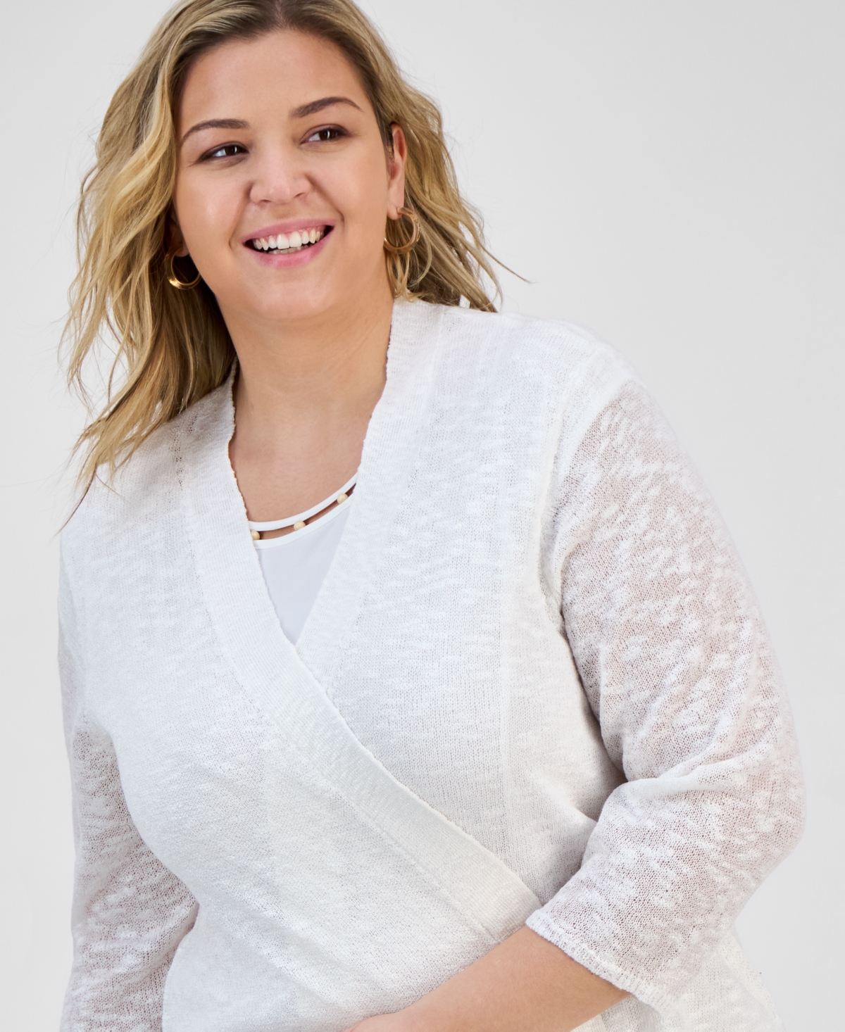 Kasper Plus Size Collarless Open-front Cardigan Sweater
