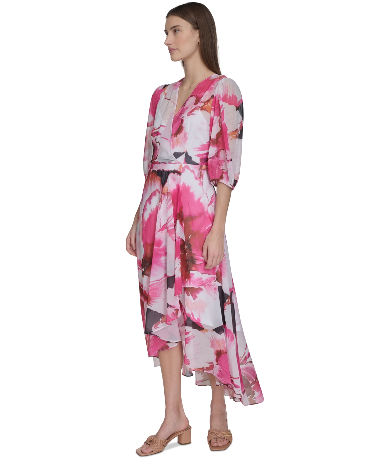 Shop Calvin Klein Women's Floral Chiffon High-low Dress In Hibiscus Multi