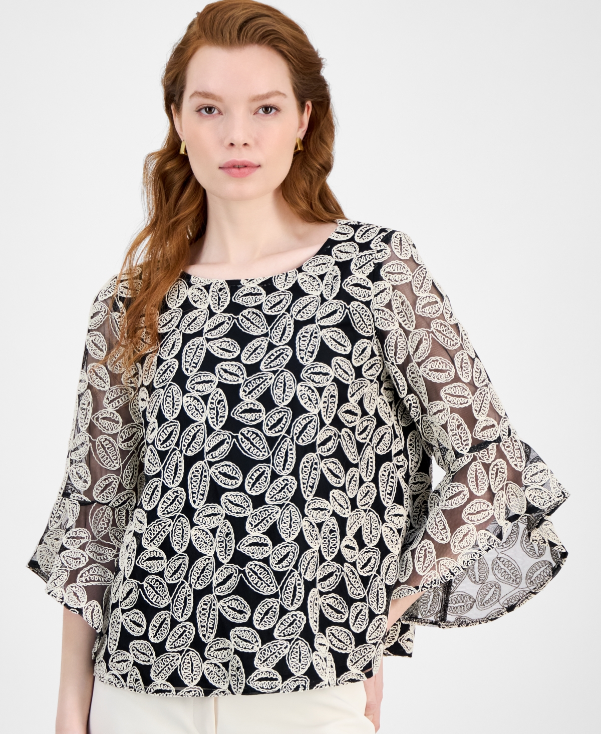 Kasper Women's Embroidered Ruffle-sleeve Blouse, Regular & Petite Sizes