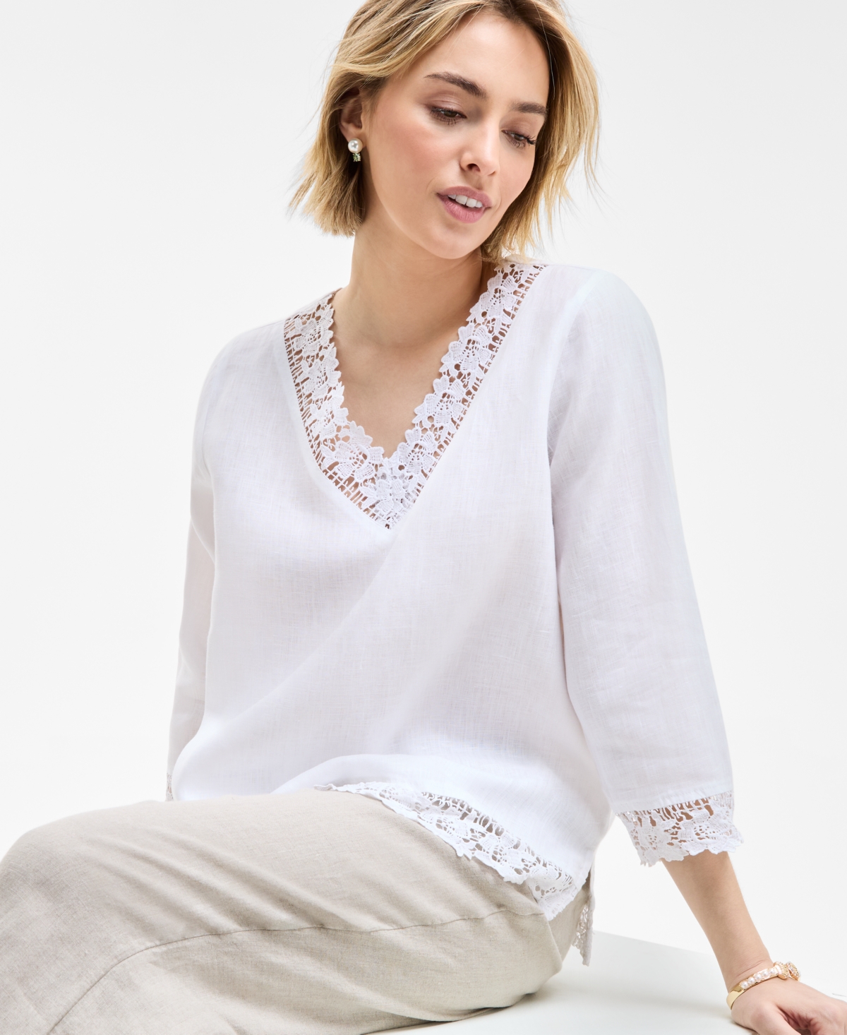 CHARTER CLUB WOMEN'S 100% LINEN LACE-EDGE 3/4-SLEEVE TOP, EXCLUSIVELY AT MACY'S 