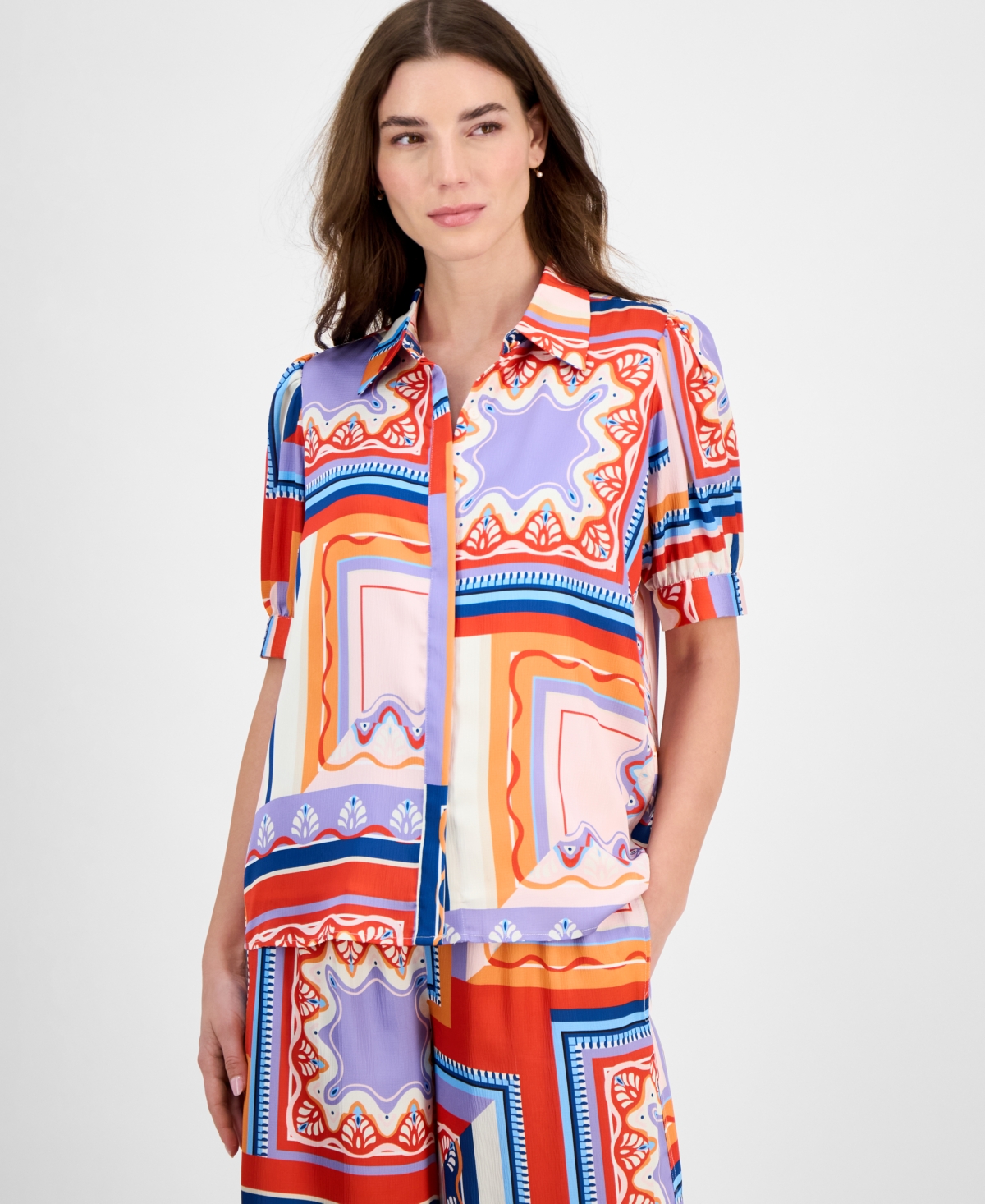Women's Printed Short-Sleeve Button Blouse - Como Tile Print