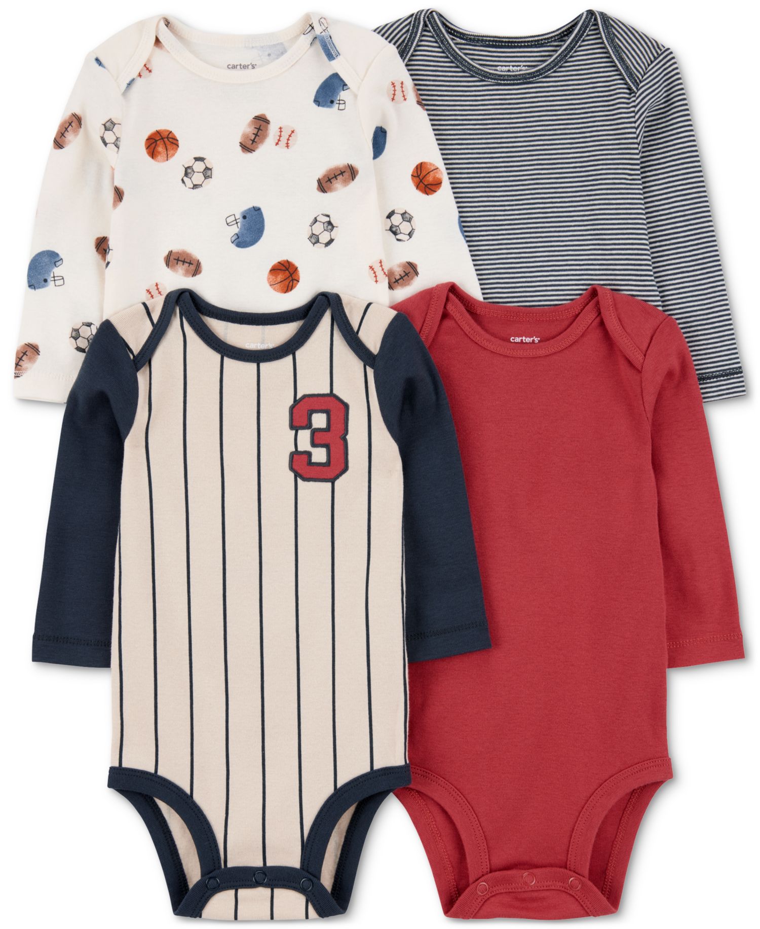 Baby Boys Cotton Sports Jersey Long-Sleeve Bodysuits, 4 Pack