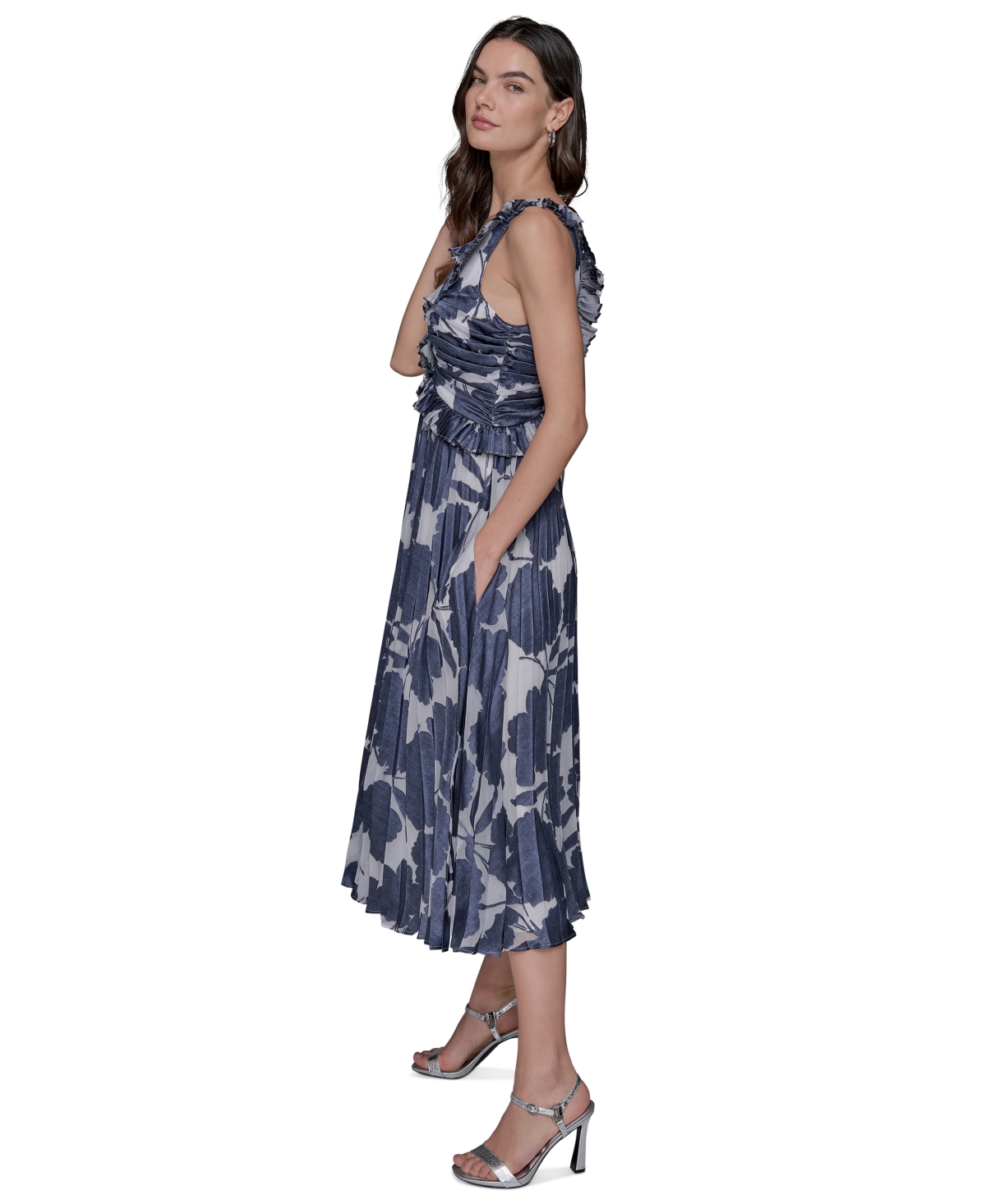 Karl Lagerfeld Women's Floral-print Pleated Midi Dress In Soft White  Indigo