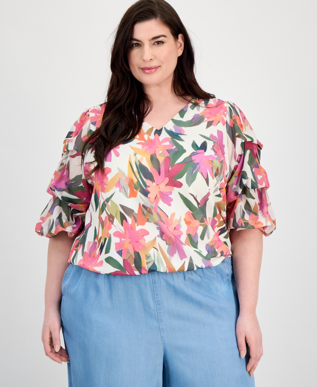 Vince Camuto Plus Size Printed V-neck Bubble Blouse