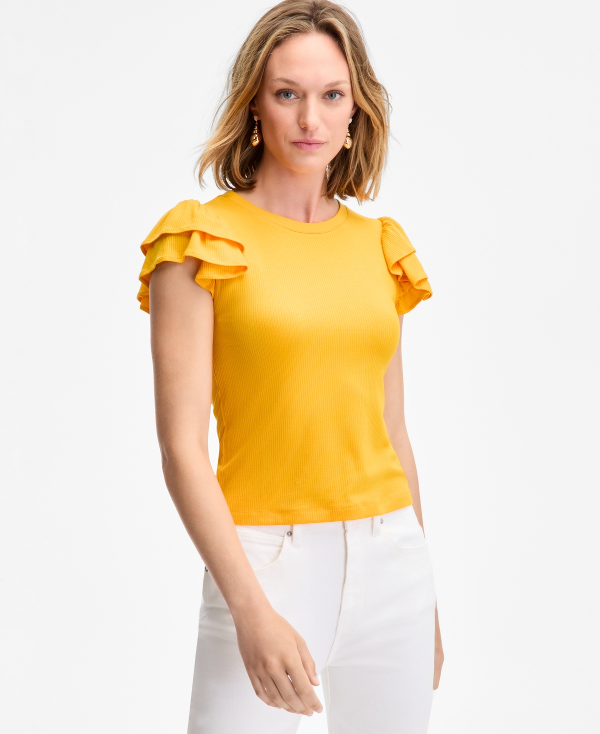On 34th Women's Flutter-Sleeve Ribbed Top, Created for Macy's - Citrus Yellow