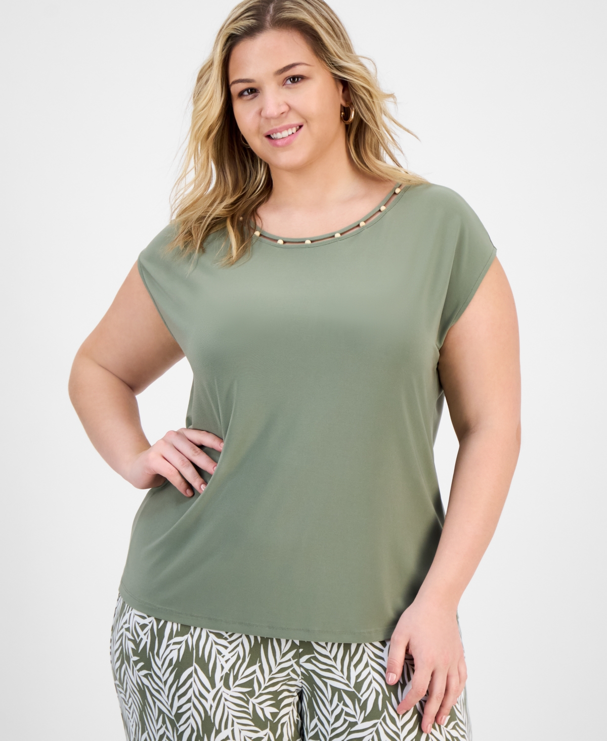 Plus Size Beaded-Neckline Short-Sleeve Top - Tearose