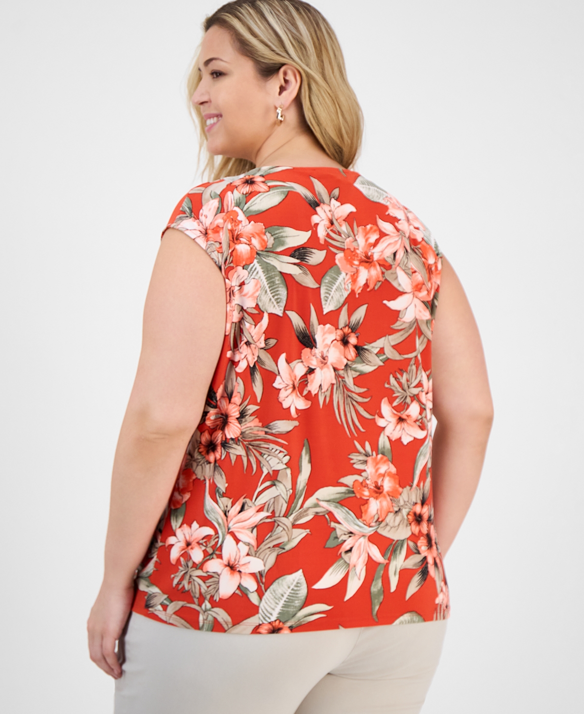 Kasper Plus Size Printed Keyhole Camisole Top