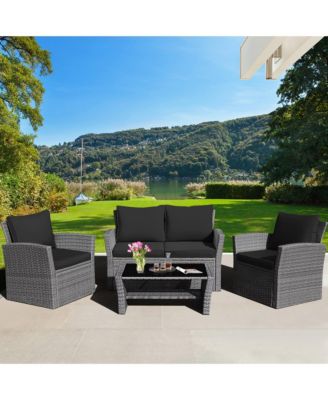 4 Piece Outdoor Furniture Set Patio Rattan Conversation Set w/ Cushions