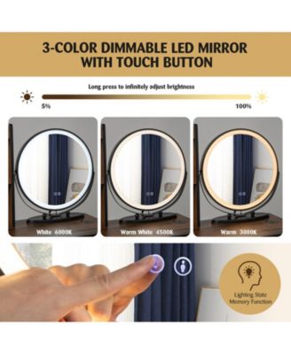 Vanity Table Set with 3-Color Lighted Mirror and Cushioned Stool