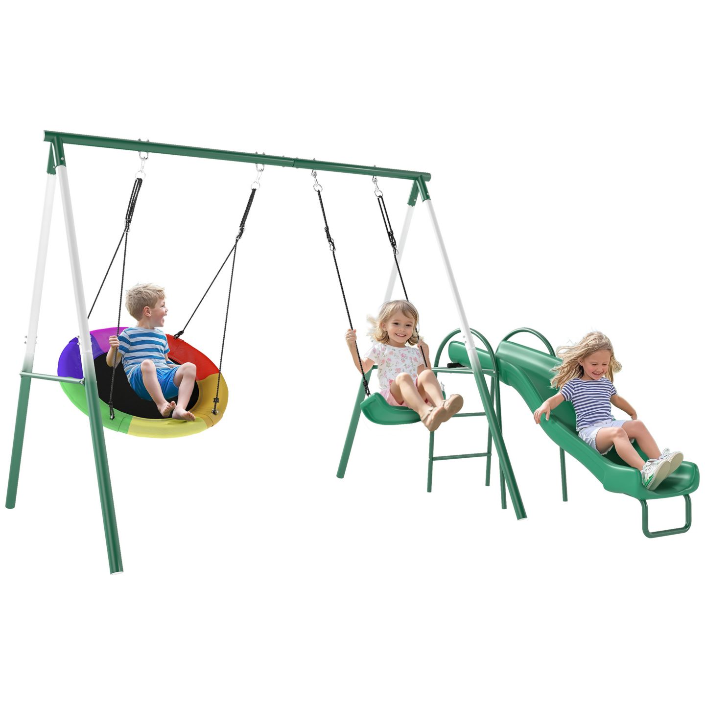 Детские игрушки Qaba Metal Swing Set with Slide, Heavy Duty Swing Set, цвет: Тёмный зелёный — фото 1