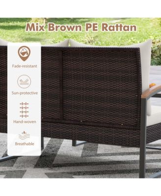 Set of 2 PE Wicker Furniture Set Loveseat w/ Acacia Wood Coffee Table Patio