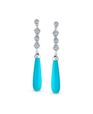 Elegant Long Linear Cubic Zirconia CZ Stabilized Turquoise Elongated Teardrop Chandelier Earrings Sterling Silver