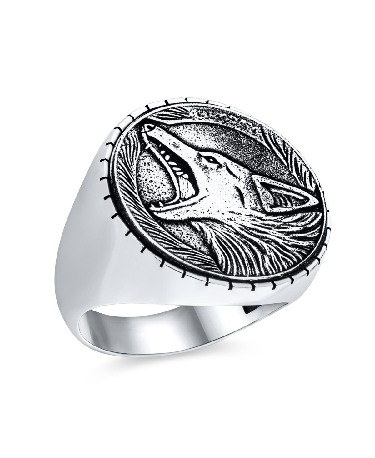Hunter Animal Norse Viking Warrior Signet Fierce Roaring Big Wolf Head Coin Ring Oxidized .925 Sterling Silver - Silver b