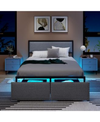 Full Size Bed Frame with LED Lights Drawer and Metal Slats-Full Size