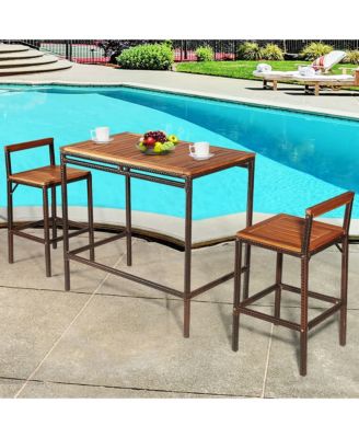 3 PCS Patio Rattan Wicker Bar wood Table Chair Outdoor