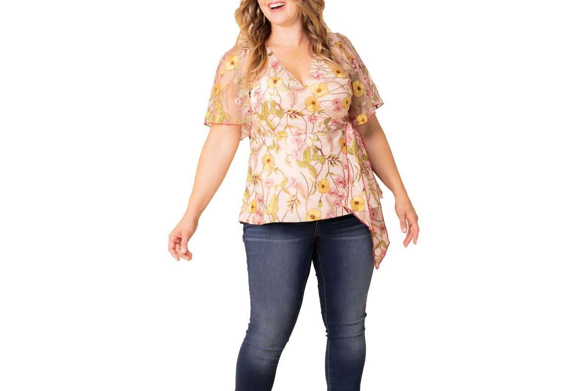 Plus Size Rosalie Embroidered Wrap Top - Moonlit garden