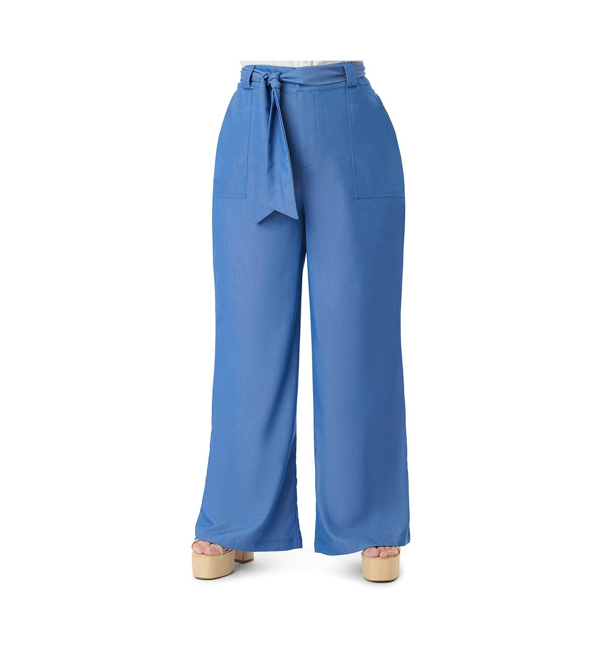 Plus Size 1950s Wide Leg Trousers - Blue chambray