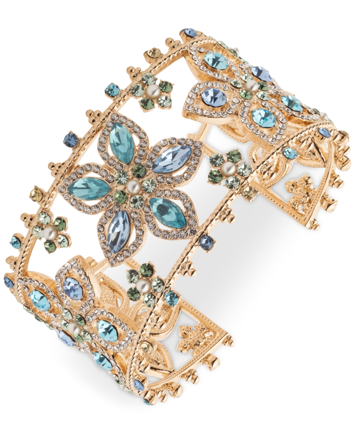 Gold-Tone Blue Multi Stone Floral Cuff Bracelet - Navy