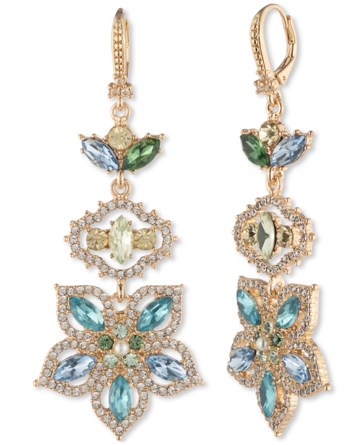 Gold-Tone Crystal & Imitation Pearl Flower Linear Drop Earrings - Navy