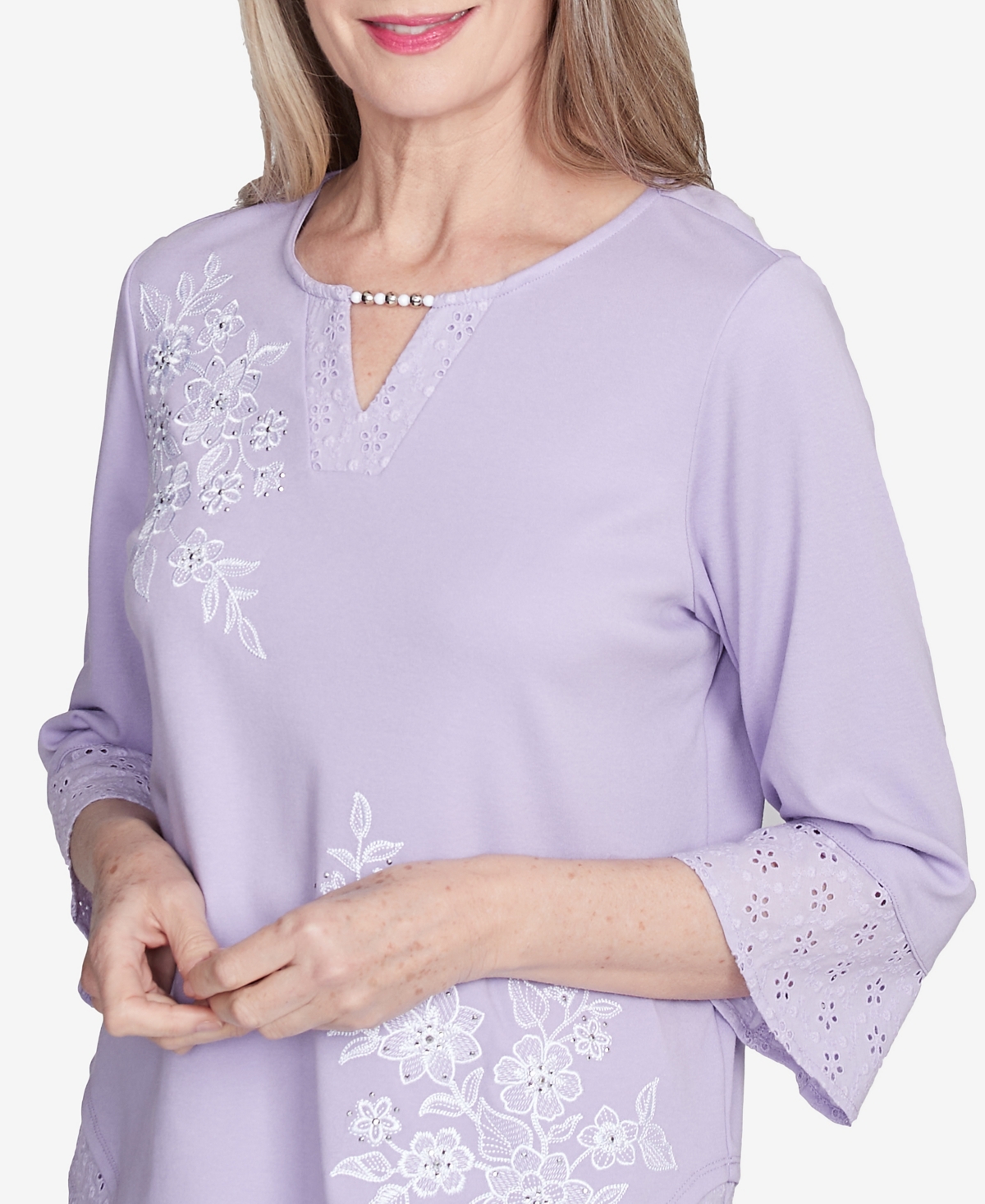 Alfred Dunner Plus Size Crystal Springs Floral Embroidered Eyelet Sleeve Top In Lilac