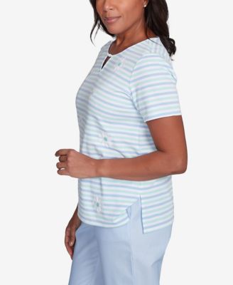 Alfred Dunner Women's St. Thomas Embroidered Daisy Striped Keyhole Neck T-Shirt