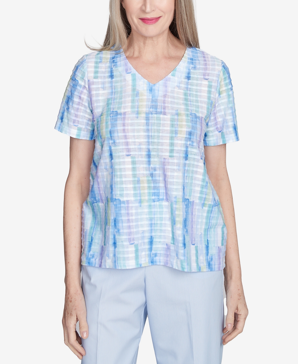 Women's St. Thomas Textured Brushstroke Short Sleeve V-Neck T-Shirt - Sky Blue Multi
