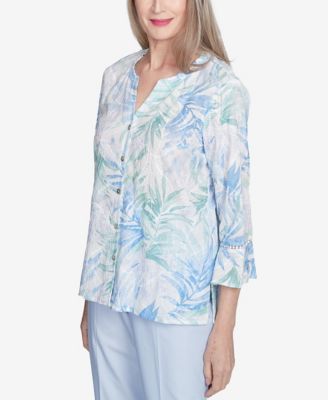 Women's St. Thomas Tropical Embroidered Button Front Collared Neck Top