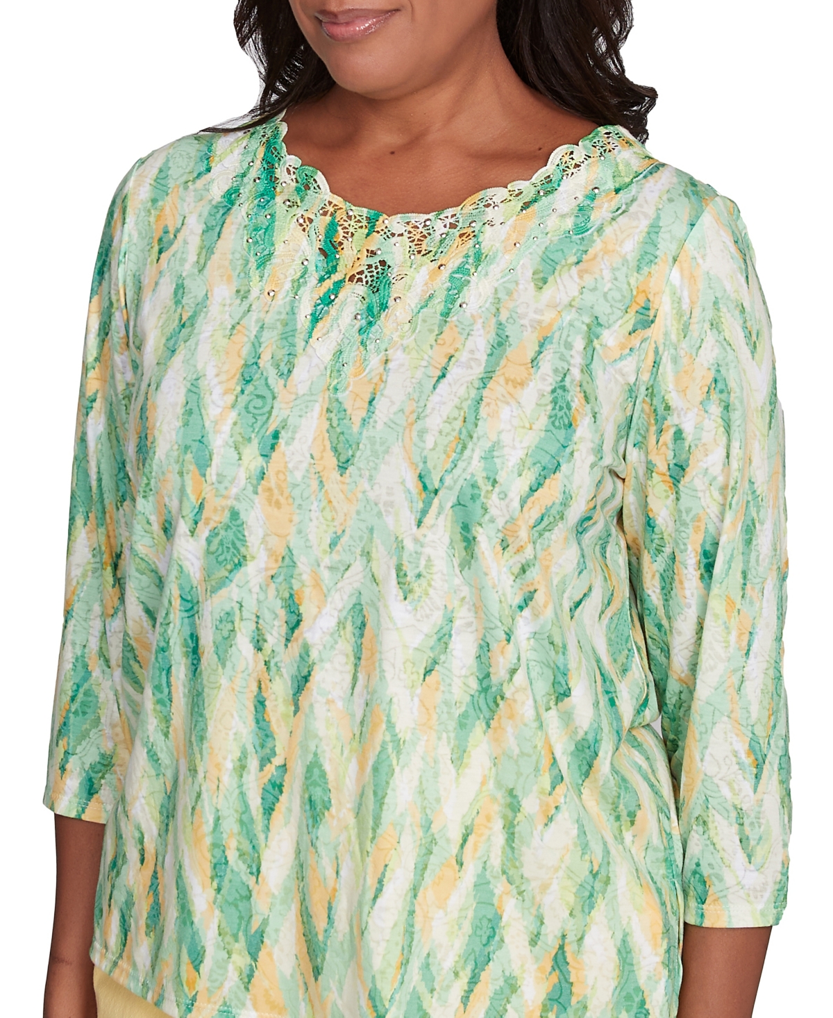 Alfred Dunner Petite Rise Shine Bright Textured Strokes Embellished Top In Lime Multi