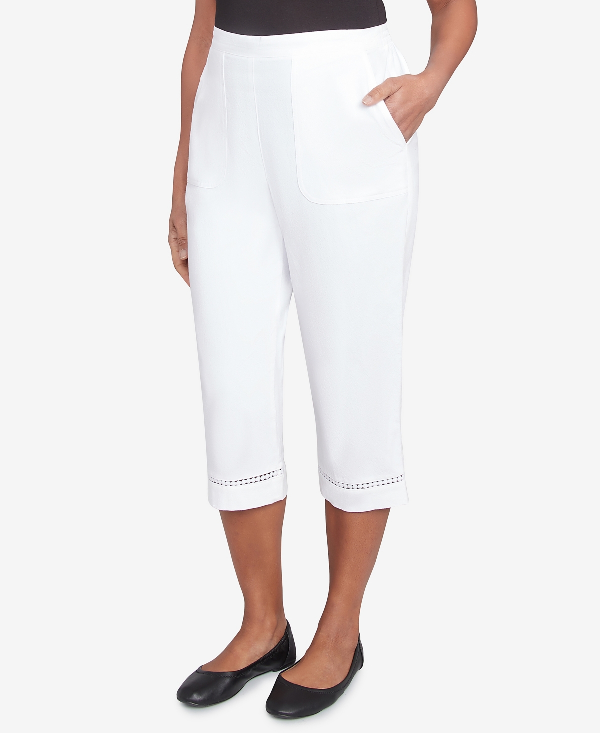 Alfred Dunner Petite Rise Shine Lace Dotted Trim Capri Pants In White