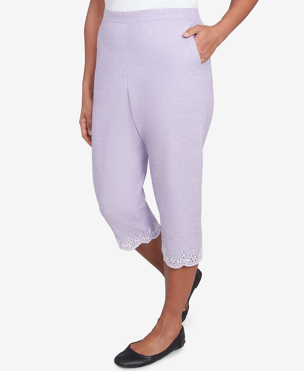 Alfred Dunner Petite Crystal Springs Eyelet Embroidered Capri Pants In Purple