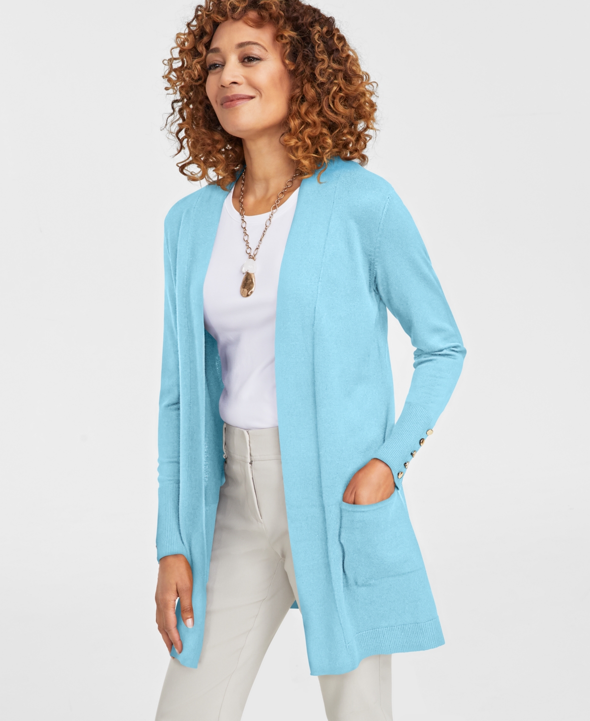 Petite Open-Front Button-Cuff Cardigan, Created for Macy's - Teal Spark