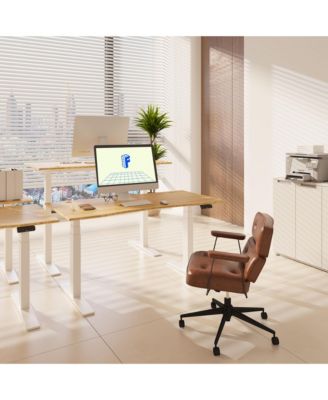 E7-COMMERCIAL 60  W Electric Adjustable Standing Desk, Curved Bamboo Top, White Frame