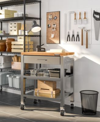 HOME Stainless Steel Worktable Cart with Solid Wood Top 