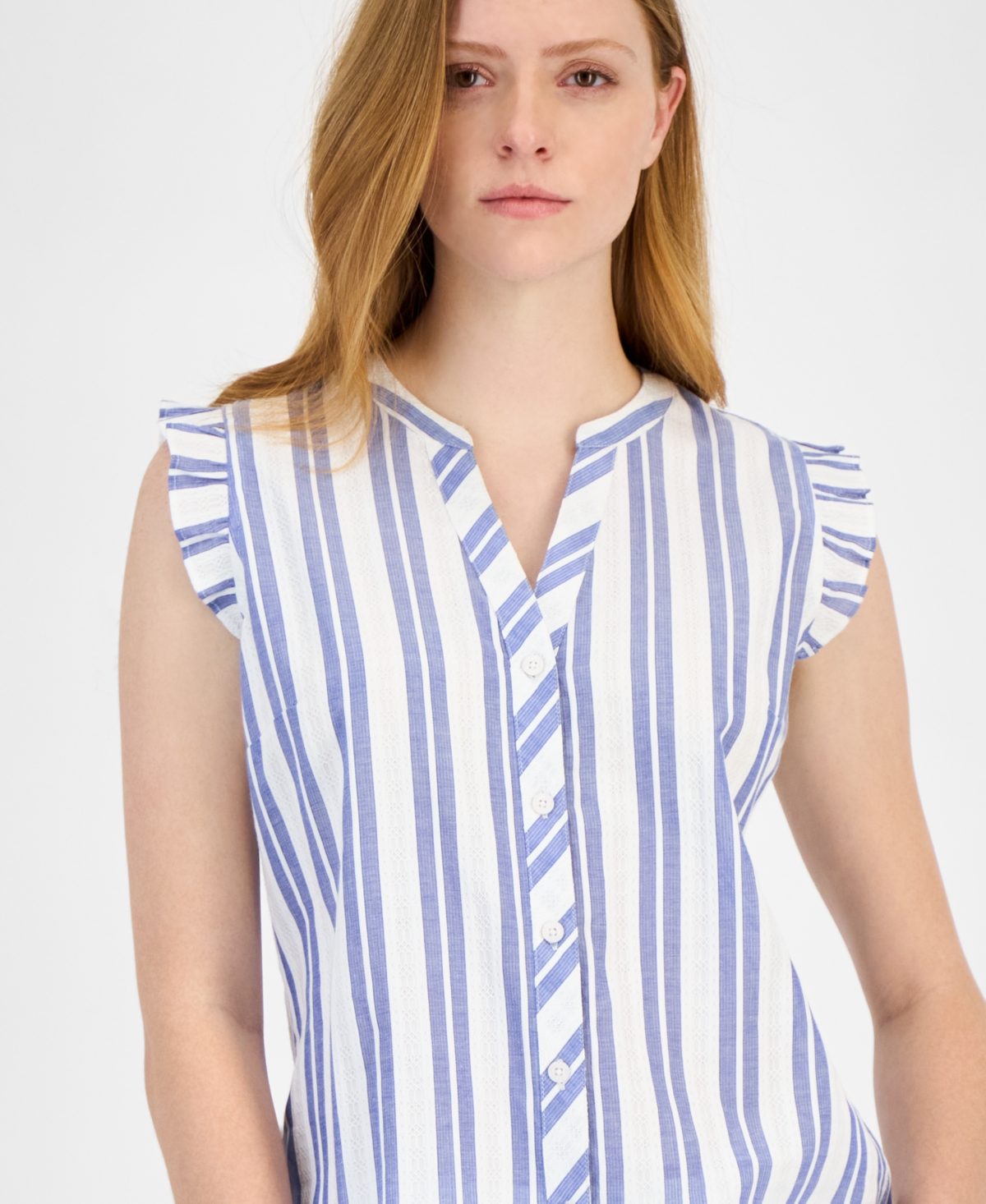 Tommy Hilfiger Women's Cotton Textured-stripe Ruffled Shirt In Bright White,blue