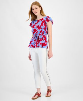 売れ筋商品|||トミー ヒルフィガー カットソー トップス レディース Women's Printed Ruffled-Sleeve Peplum Top Sky Captain Multi Tommy Hilfiger Women's Printed Ruffled-Sleeve Peplum Top