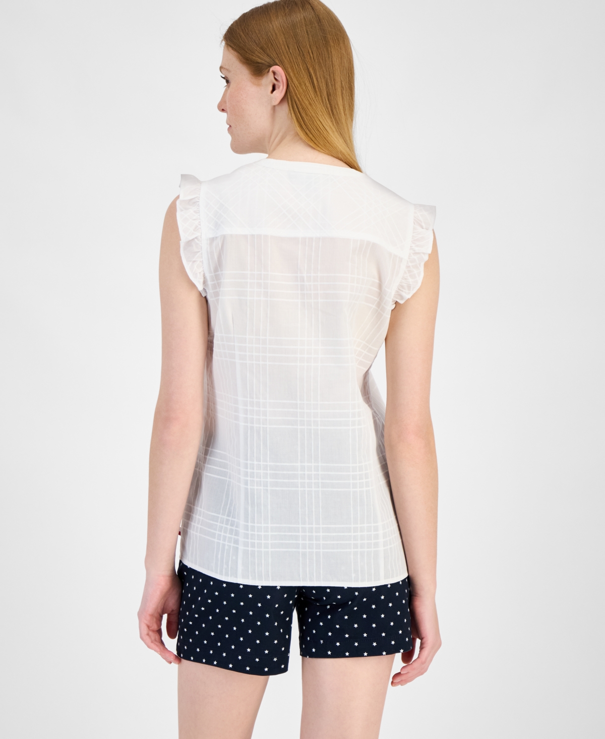 Tommy Hilfiger Women's Cotton Tonal-plaid Ruffled-sleeve Shirt In Bright White