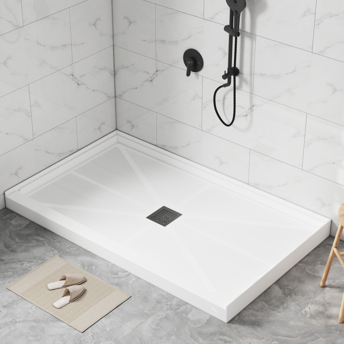 60"W X 36"D Solid Surface Single Threshold Shower Base Anti-Slip Shower Pan, Drain Assembly & Drain Cover Included - White
