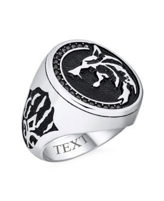 Signet Fierce Roaring Big Wolf Head Coin Ring Oxidized Stainless Steel