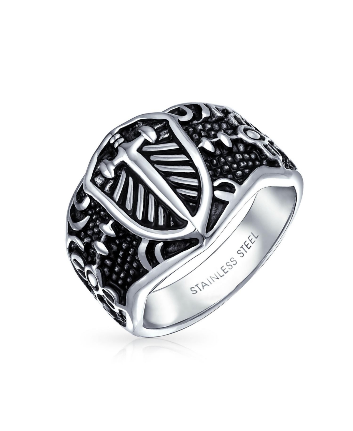 Religious Viking Shield Maltase Fleur De Lis Cross Signet Band Ring Oxidized Silver Tone Stainless Steel - Grey