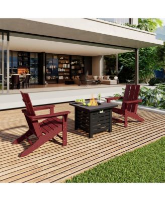 3-Piece HDPE Adirondack Chair Outdoor Meeting Set with 28-inch Square 40,000 BTU Auto-Ignition Propane Gas Firepit with Waterproof Cover