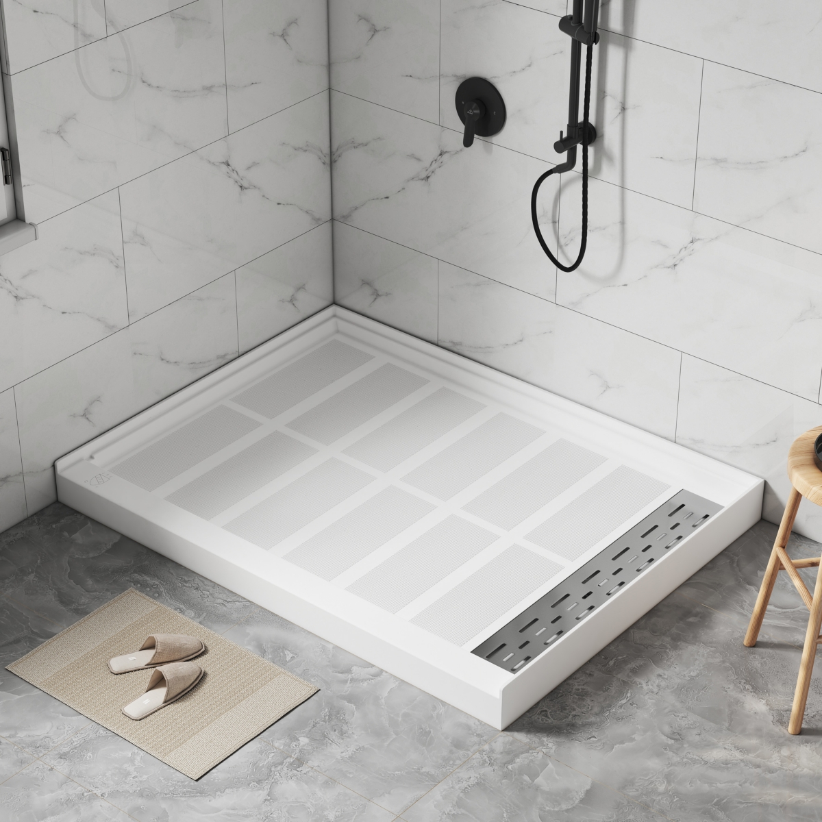 48"W X 36"D Solid Surface Single Threshold Shower Base Anti-Slip Shower Pan, Drain Assembly & Drain Cover Included - White