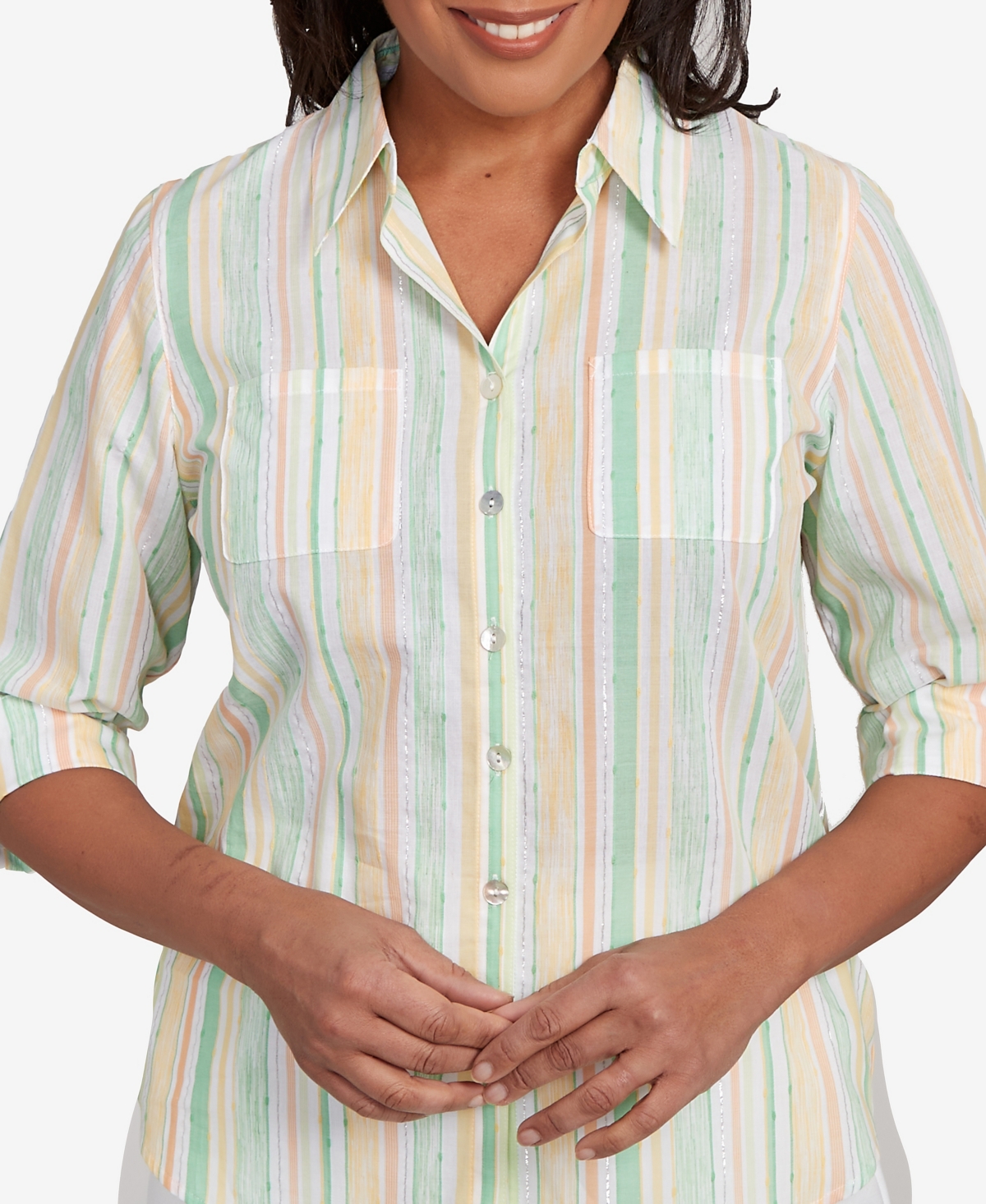 Alfred Dunner Petite Rise Shine Sunny Stripes Button Down Top In Lime Multi