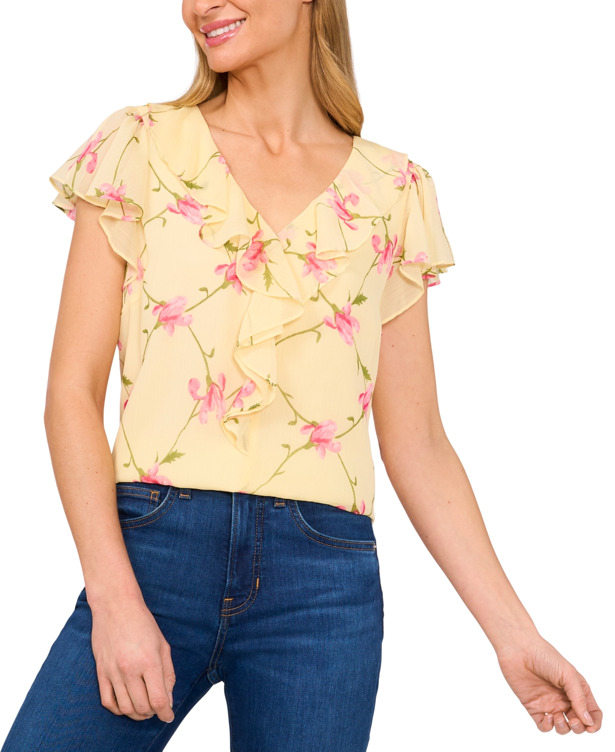 Women's Floral-Print Ruffled Flutter-Sleeve Top - Lemon Drop