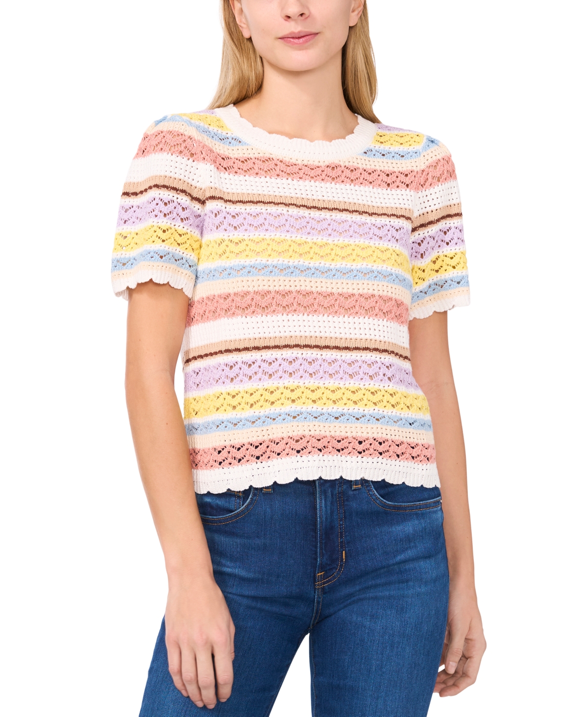 Women's Pointelle Stripe Short-Sleeve Cotton Sweater - Antique White