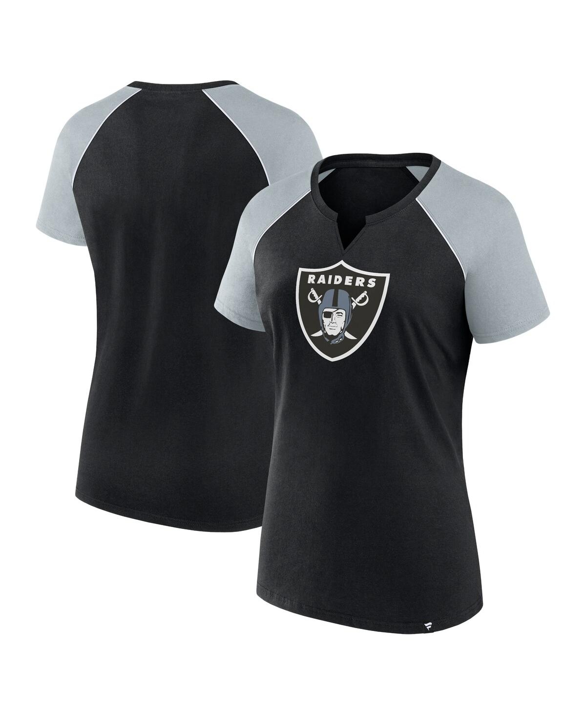 Fanatics Women's Black/silver Las Vegas Raiders Glittered Primary Raglan T-shirt In Black,silver