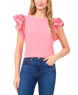 Women's Ruffled Eyelet-Sleeve Crewneck Top